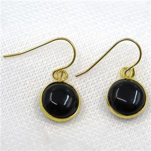 black agate earring, flat round, gold plated, approx 13mm dia