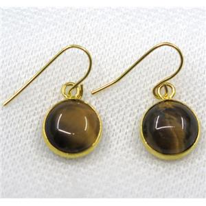 yellow Tiger eye stone earring, flat round, gold plated, approx 13mm dia