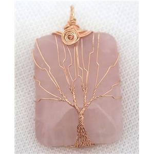 Pink Rose Quartz Rectangle Pendant Tree Of Life Wire Wrapped Rose Gold, approx 30x40mm