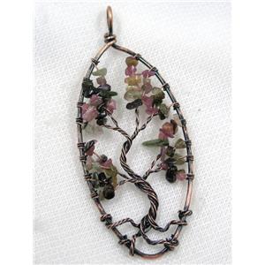 Tourmaline Chips Pendant Tree Of Life Wire Wrapped Oval Antique Red, approx 40x80mm