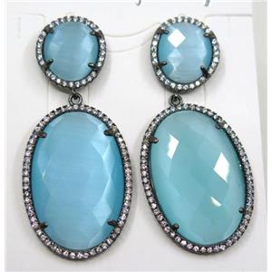 aqua cats eye stone earring pave zircon, approx 12x14mm, 20x30mm