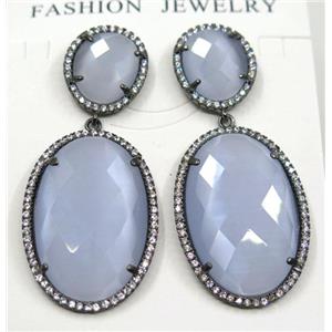 grayblue cat eye stone earring pave zircon, approx 12x14mm, 20x30mm