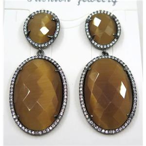 chocolate cat eye stone earring pave zircon, approx 12x14mm, 20x30mm