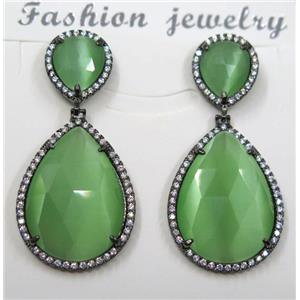 green cat eye stone earring pave zircon, teardrop, approx 10x12mm, 18x25mm