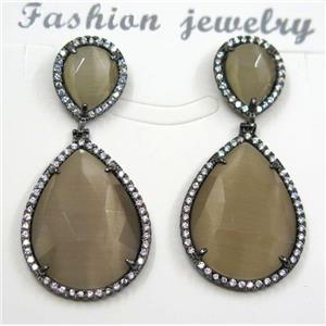 coffee cat eye stone earring pave zircon, teardrop, approx 10x12mm, 18x25mm