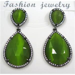 green cat eye stone earring pave zircon, teardrop, approx 10x12mm, 18x25mm