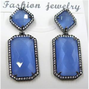 blue cat eye stone earring pave zircon, rectangle, approx 10x10mm, 14x25mm