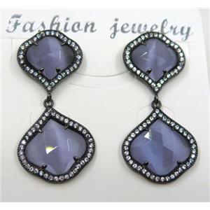 lavender cat eye stone earring pave zircon, clover, approx 13x13mm, 16x16mm