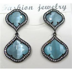 aqua cat eye stone earring pave zircon, clover, approx 13x13mm, 16x16mm