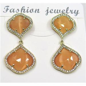 orange cat eye stone earring pave zircon, clover, approx 13x13mm, 16x16mm