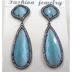 aqua cat eye stone earring pave zircon, droplet, approx 13x13mm, 14x38mm