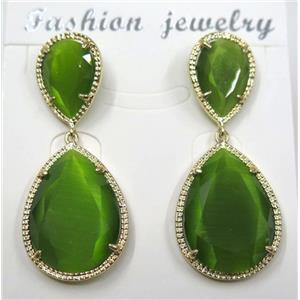 green cat eye stone earring, droplet, approx 12x16mm, 18x25mm