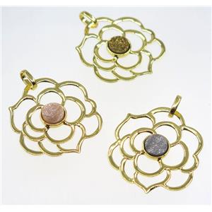 mix quartz druzy pendant, copper flower, gold plated, approx 40mm dia, 6mm