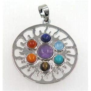 gemstone Chakra sun pendant, alloy, platinum plated, approx 32mm