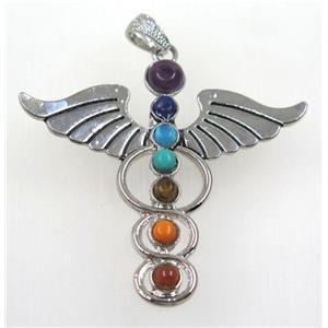 gemstone Chakra angel wing pendant, platinum plated, approx 50-57mm