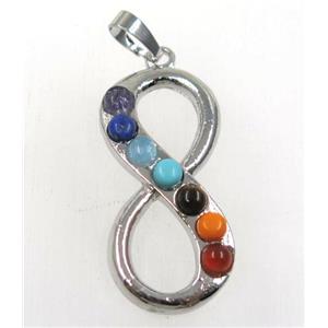 gemstone Chakra infinity pendant, alloy, platinum plated, approx 18-40mm