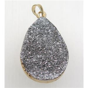 silver druzy quartz teardrop pendant, gold plated, approx 25-35mm