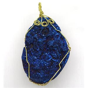 blue solar agate druzy slice pendant with wire wrapped, freeform, approx 30-50mm