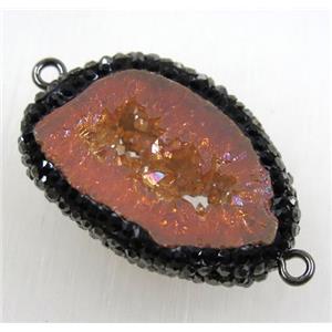 orange druzy agate slice connector paved rhinestone, freeform, approx 20-30mm