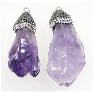 purple Amethyst nugget pendant paved rhinestone, freeform, approx 15-35mm