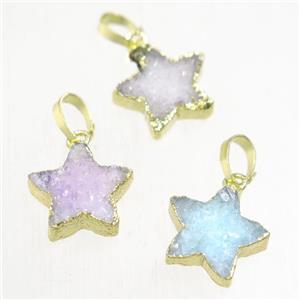 Druzy Quartz star pendant, mix color, gold plated, approx 12mm dia