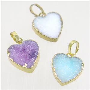 Druzy Quartz heart pendant, mix color, gold plated, approx 13mm dia