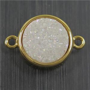 white AB-color, Druzy Agate connector, flat round, gold plated, approx 12mm dia