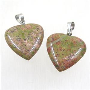 green Unakite heart pendant, approx 20mm