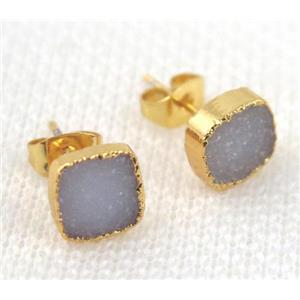 druzy agate earring studs in natural color, copper, square, gold plated, approx 8x8mm