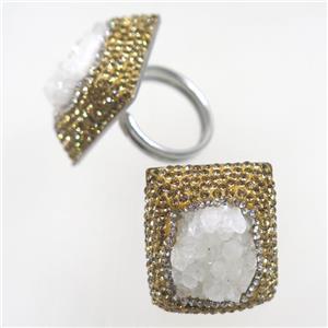 white Quartz Druzy ring paved yellow rhinestone, approx 18mm dia. 22-28mm