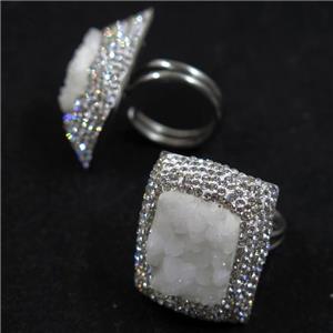 white Quartz Druzy ring paved rhinestone, approx 18mm dia, 25-28mm