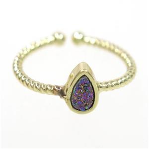 rainbow druzy quartz ring, teardrop, gold plated, approx 6mm, 18mm dia