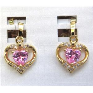 pink zircon pendant, heart, copper, gold plated, approx 12-15mm