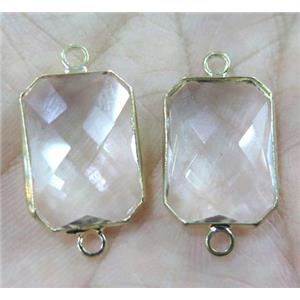 Chinese crystal glass connector, faceted rectangle, gold plated, approx 10x14mm