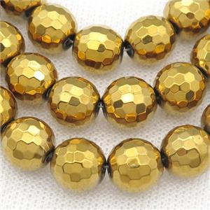 faceted round Hematite beads, gold plated, approx 8mm dia