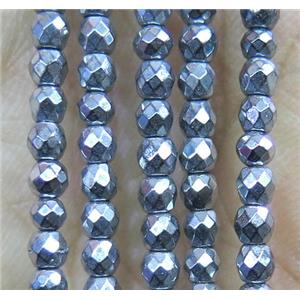 tiny hematite beads, faceted round, silver plated, approx 3mm dia