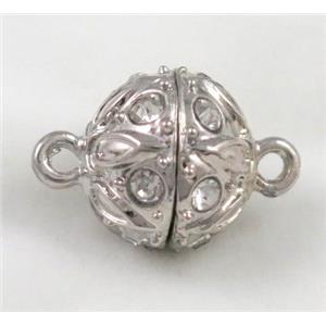 Magnetic alloy connector clasp paved rhinestone, platinum plated, approx 13mm dia