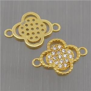 Sterling Silver clover connector paved zircon, gold plated, approx 10mm