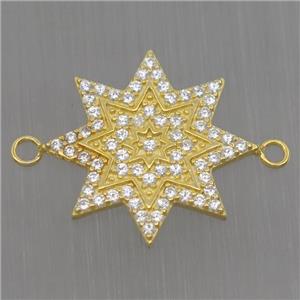 Sterling Silver star connector paved zircon, gold plated, approx 16mm dia