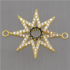 Sterling Silver star connector paved zircon, gold plated, approx 19mm dia