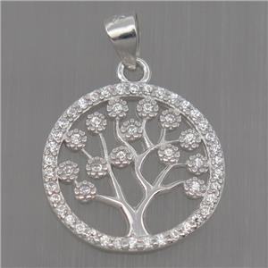 Sterling Silver pendant paved zircon, tree of life, platinum plated, approx 15mm