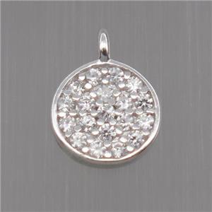 Sterling Silver circle pendant paved zircon, platinum plated, approx 7mm dia