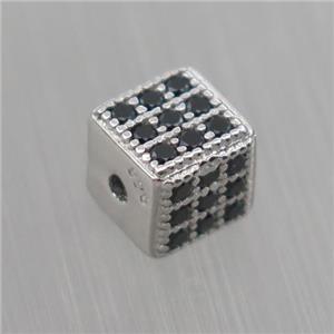 Sterling Silver cube beads paved zircon, platinum plated, approx 5.5mm