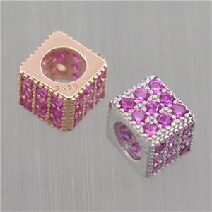 European style Sterling Silver cube beads paved zircon, large hole, mixed color, approx 5x6x6mm, 4mm hole