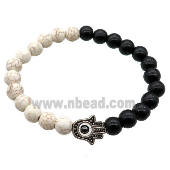 black Onyx Agate and white turquoise Bracelet with hamsahand, stretchy