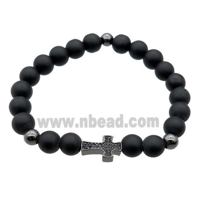 black matte Onyx Agate Bracelet with cross, stretchy