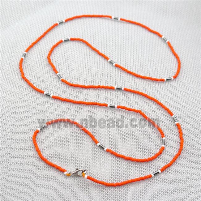 orange Glass Seed Beaded Necklace