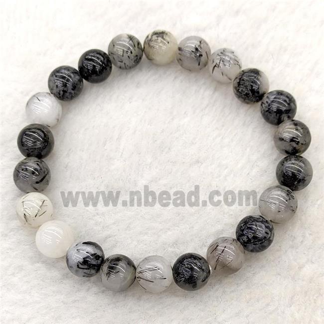 Natural Black Rutilated Quartz Bracelet Round Stretchy