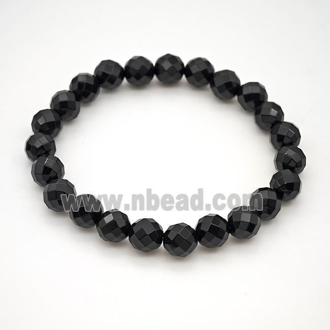 Natural Black Onyx Agate Bracelet Faceted Round Stretchy