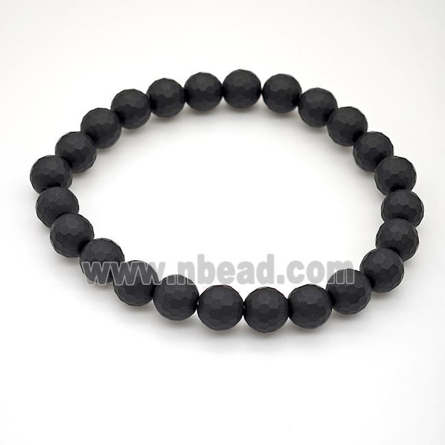 Natural Black Onyx Agate Bracelet Matte Faceted Round Stretchy